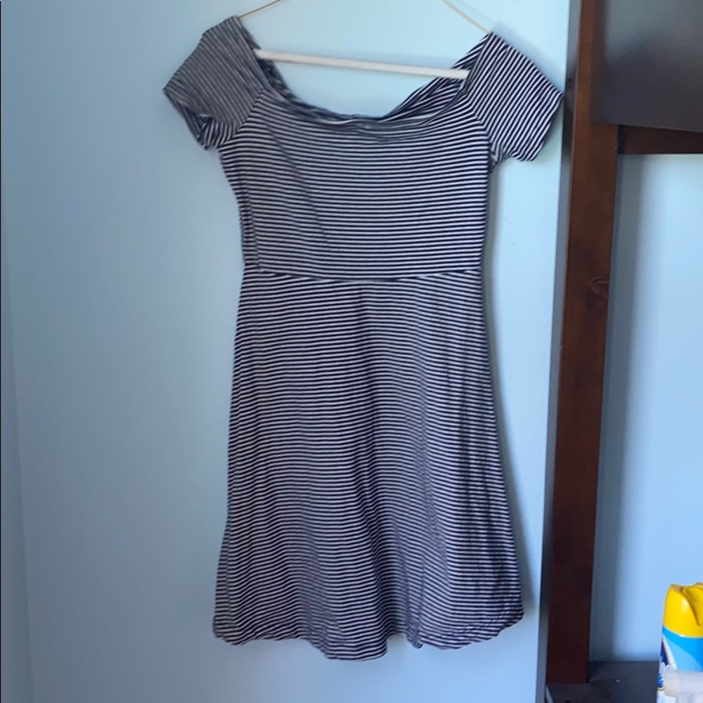 navy and white striped off shoulder dress